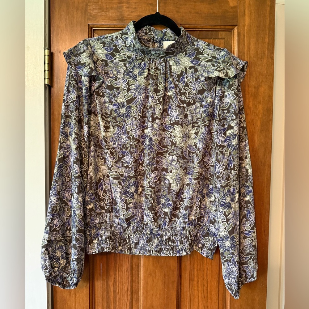 LOFT Brown Green and Lavender Ruffled Blouse